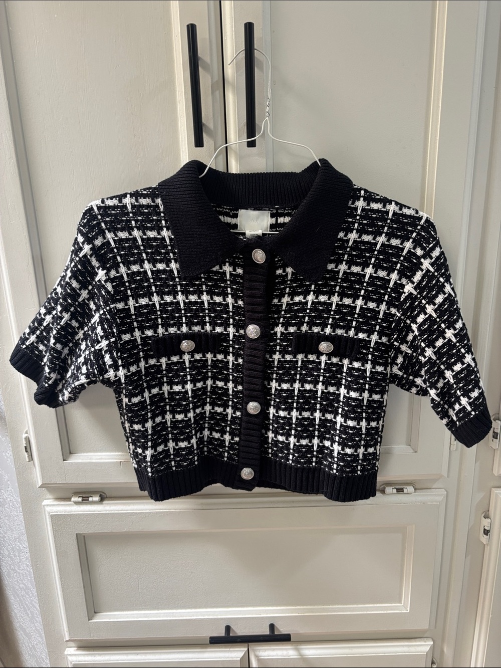 H&M Black and White Tweed Short Sleeve Cardigan